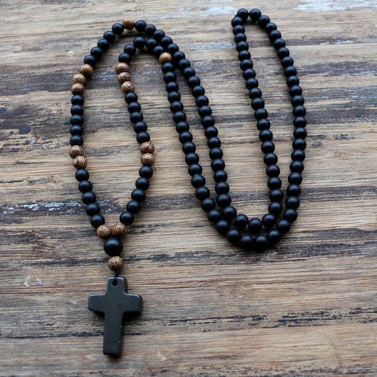 Black Stone & Wood Beads Mala Cross Necklace 01