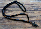 Black Stone & Wood Beads Mala Cross Necklace 02